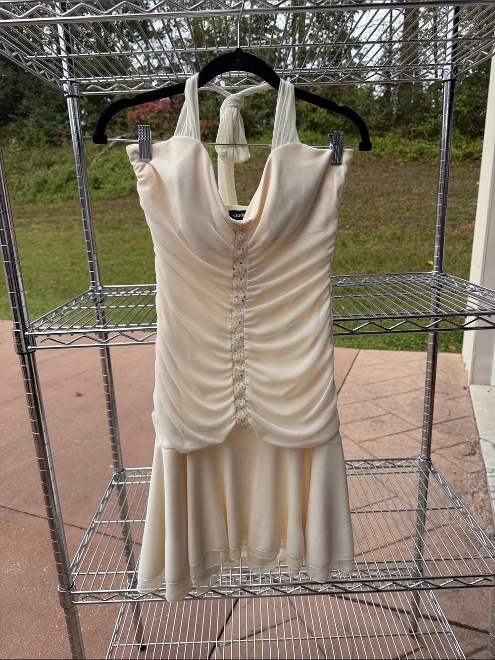 Studio Y Cream Halter Ruched Mini Dress with Beaded Front